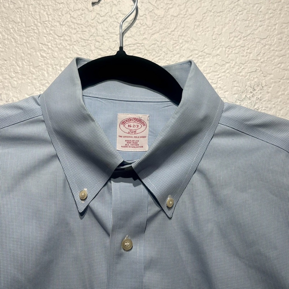 Brooks Brothers Dress Shirt Mens 16.5 Blue White Cotton Regular Fit Pleated - Picture 2 of 12